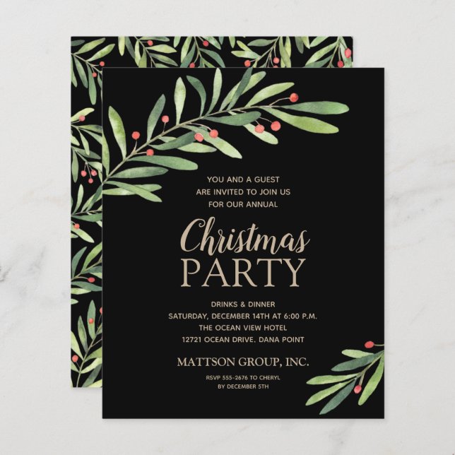 Budget Elegant Greenery Christmas Black Invitation (Front/Back)