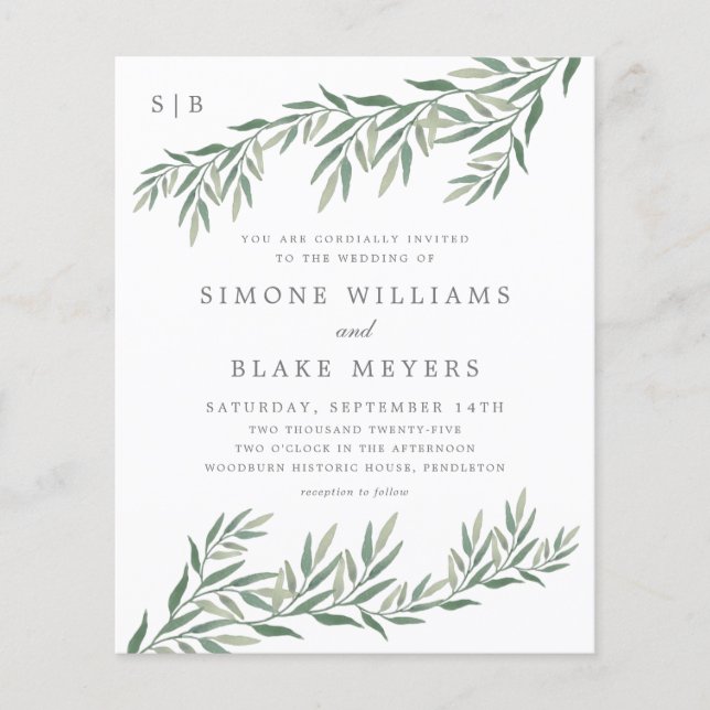 Budget Elegant Greenery Foliage Wedding Invitation (Front)