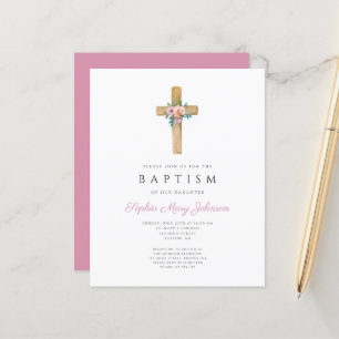 Budget Elegant Modern Floral Cross Baptism Invite