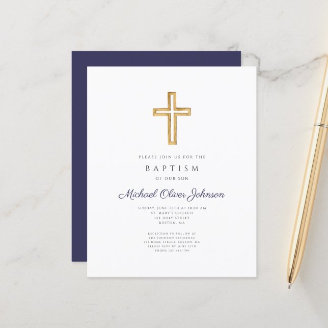 Budget Elegant Navy Blue Cross Boy Baptism (Front/Back In Situ)