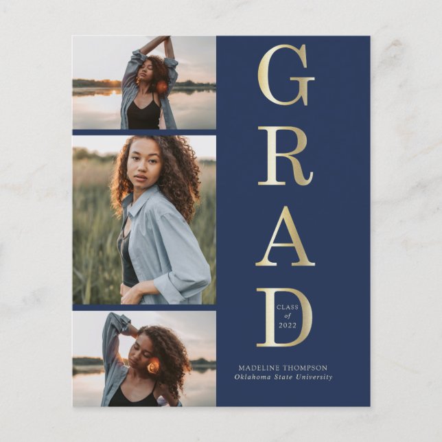 Budget Elegant Navy Blue Gold 3 Photo Graduation (Front)