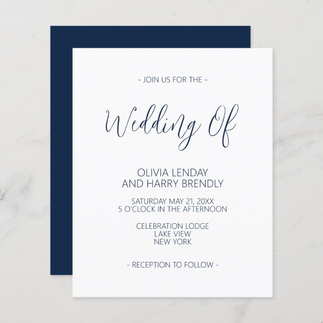 Budget Elegant Navy Blue White Wedding Invitation (Front/Back)