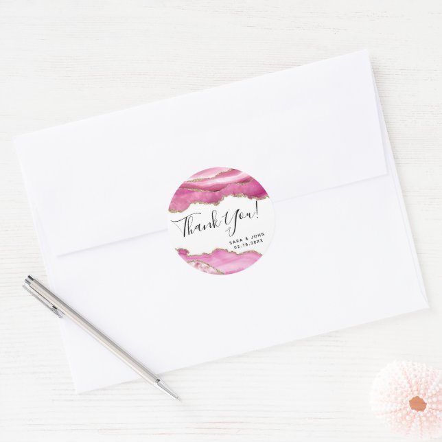 Budget Elegant Pink Agate Thank You Classic Round Sticker (Envelope)