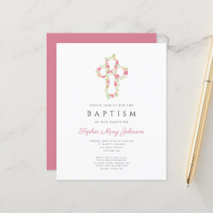Budget Elegant Pink Floral Cross Baptism Invite
