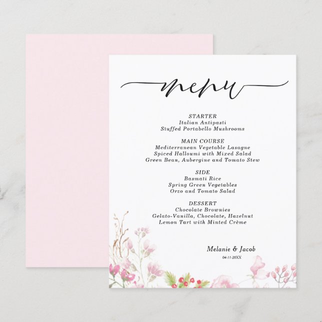 Budget Elegant Pink Floral Flat Menu Card (Front/Back)