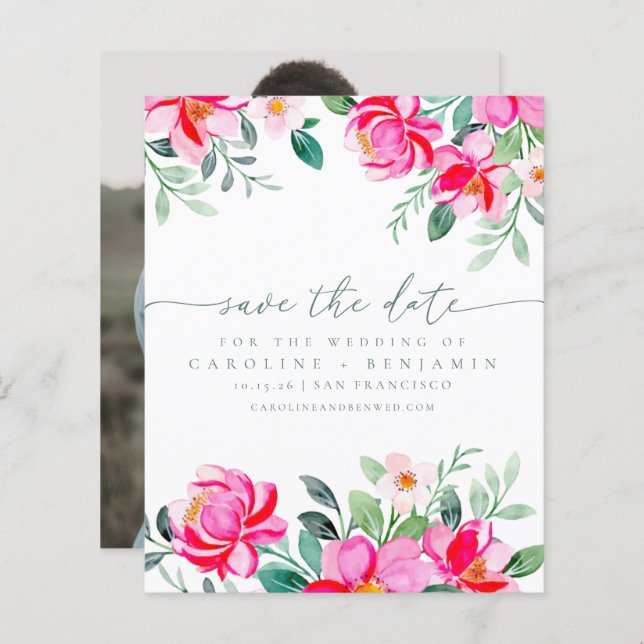 Budget Elegant Pink Floral Photo Save The Date (Front/Back)