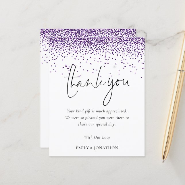 Budget Elegant Purple Glitter Wedding Thank You (Front/Back In Situ)