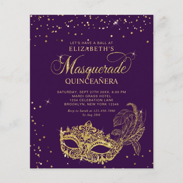 BUDGET Elegant Purple Gold Masquerade Quinceañera (Front)