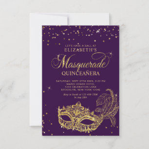 BUDGET Elegant Purple Gold Masquerade Quinceañera Card