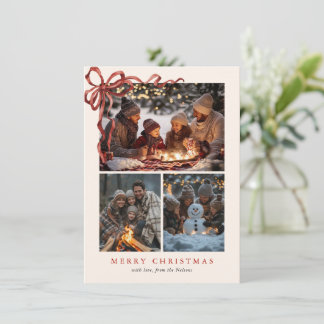 Budget Elegant Red Bow Christmas Four Photo Holida Holiday Card