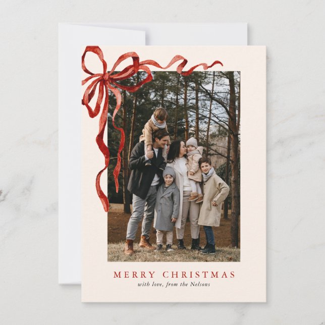 Budget Elegant Red Bow Christmas One Photo Holiday Card (Front)