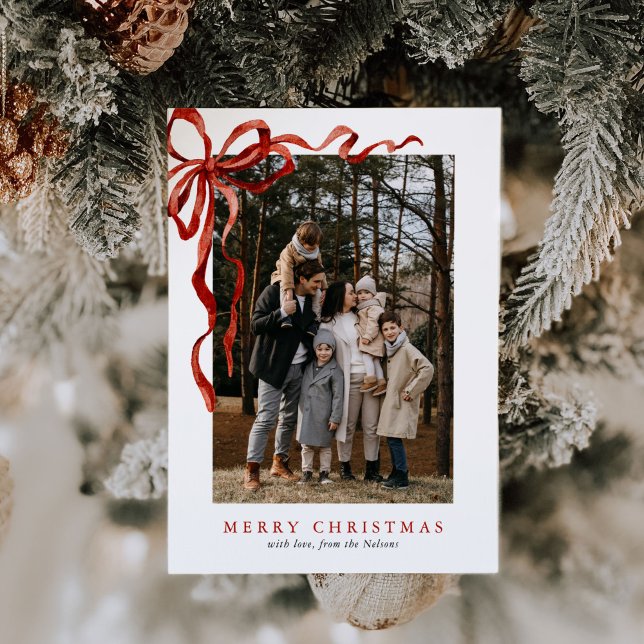 Budget Elegant Red Bow Christmas One Photo Holiday Card (Creator Uploaded)