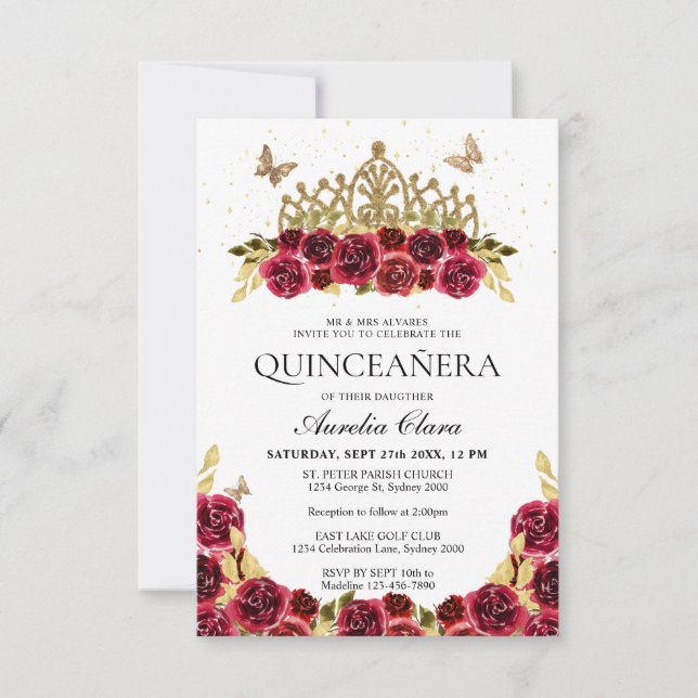 BUDGET Elegant Red Floral Gold Tiara Quinceanera Card (Front)