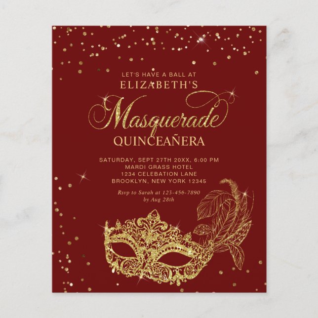 BUDGET Elegant Red Gold Masquerade Quinceañera (Front)