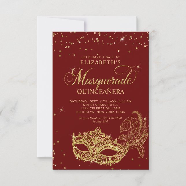 BUDGET Elegant Red Gold Masquerade Quinceañera Card (Front)