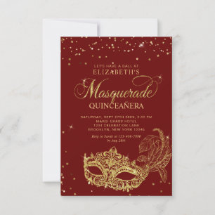 BUDGET Elegant Red Gold Masquerade Quinceañera Card