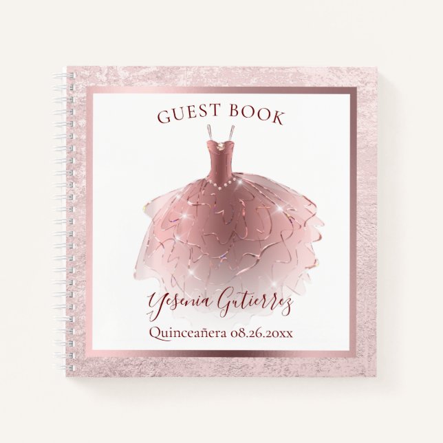 Budget Elegant Rose Gold Quinceañera Dress Guest Notebook (Front)
