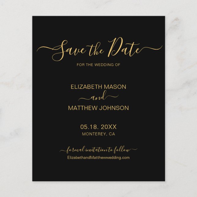 Budget Elegant Script Black and Gold Save The Date Flyer (Front)