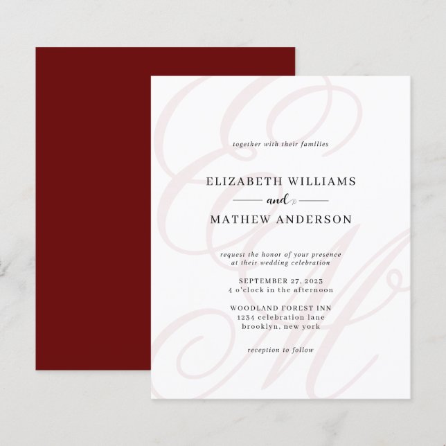 Budget Elegant Script  Burgundy Monogram Wedding (Front/Back)
