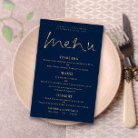 Budget Elegant Script Gold Navy Blue Wedding Menu<br><div class="desc">Budget Elegant Script Gold Navy Blue Wedding Menu. A budget price size 5.5” x 8.5”, An elegant typographical design in gold and white, with a stylish set script for the header Menu. Easily personalise the rest of the text to your own details which includes alternatives for your vegan or vegetarian...</div>