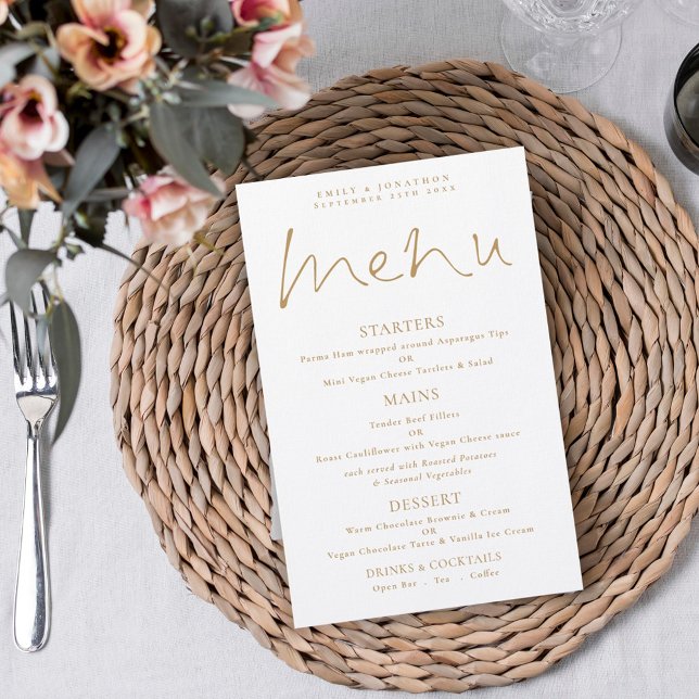 Budget Elegant Script Gold White Wedding Menu (Creator Uploaded)