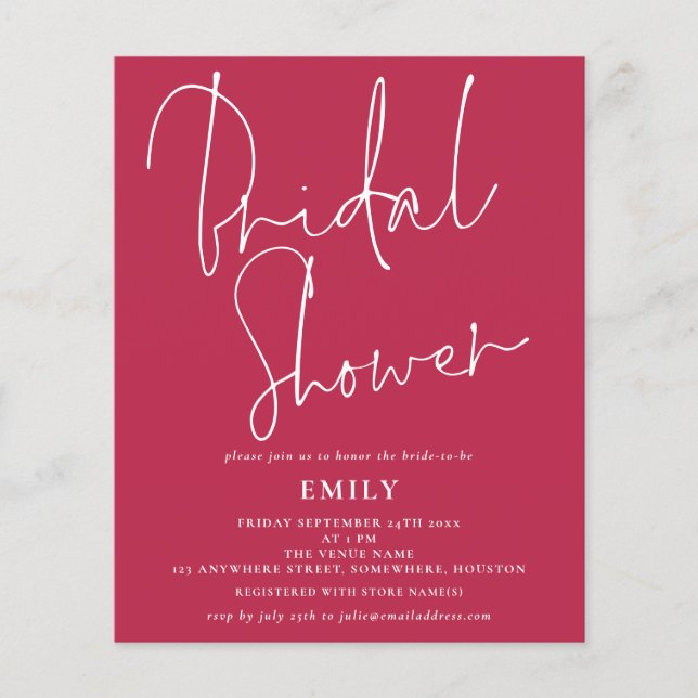 Budget Elegant Script Magenta Bridal Shower Invite (Front)