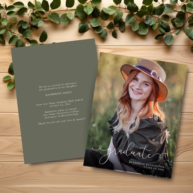 BUDGET Elegant Script Photo Sage Green Graduation (BUDGET Elegant Script Photo Sage Green Graduation Announcement)