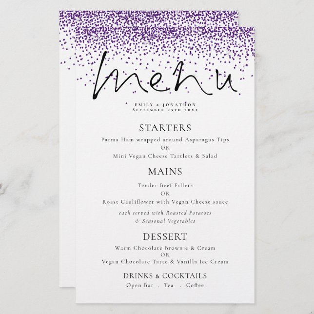 Budget Elegant Script Purple Glitter Wedding Menu (Front/Back)