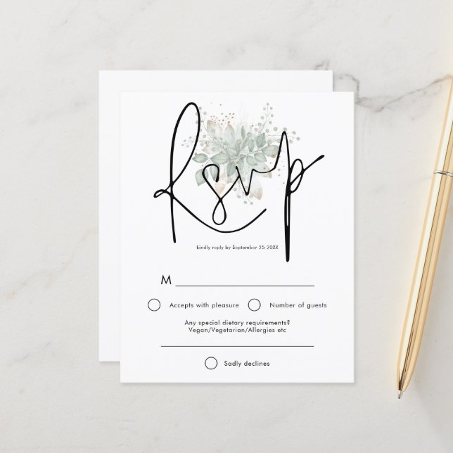 Budget Elegant Script Sage Gold Foliage RSVP (Front/Back In Situ)