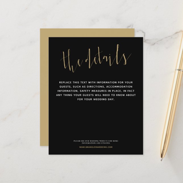 Budget Elegant Script Wedding Details Gold Black (Front/Back In Situ)