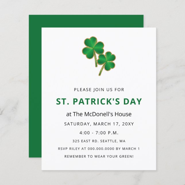 Budget Elegant Shamrock St Patricks Day Invitation (Front/Back)