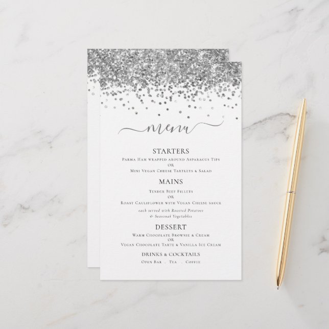 Budget Elegant Silver Glitter Wedding Menu (Front/Back In Situ)