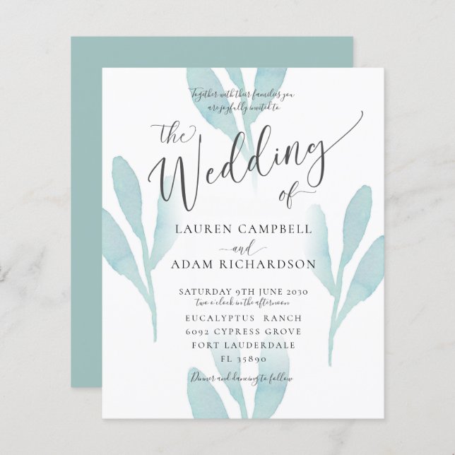 Budget Elegant Teal Watercolor Wedding Invitation (Front/Back)