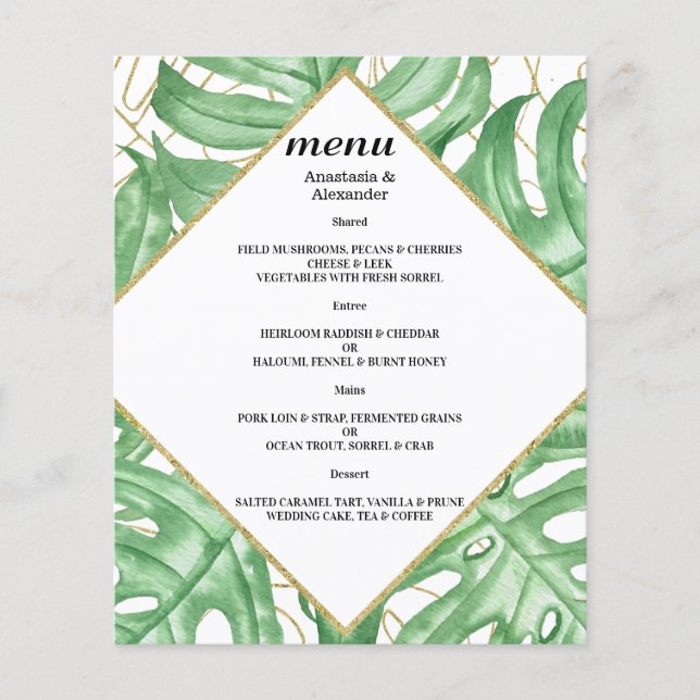 Budget Elegant Tropical WEDDING MENU. Flyer (Front)