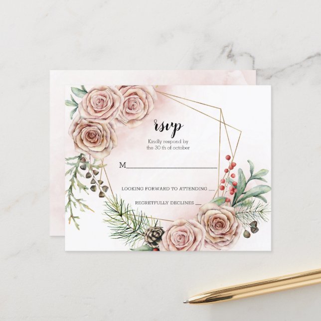 Budget Elegant Wedding RSVP Card. (Front/Back In Situ)