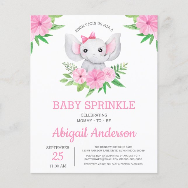 BUDGET Elephant Baby Sprinkle Floral Invitation (Front)