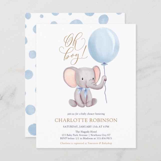 Budget Elephant Balloon Boy Baby Shower Invitation (Front/Back)