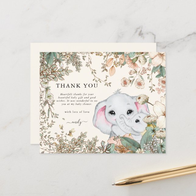 Budget Elephant Cream Baby Shower Thank You (Front/Back In Situ)