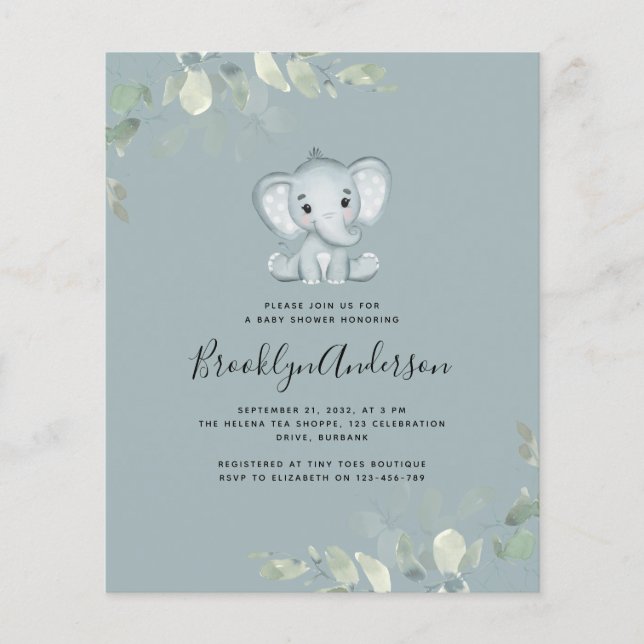 BUDGET Elephant Eucalyptus Baby Shower Invitation (Front)