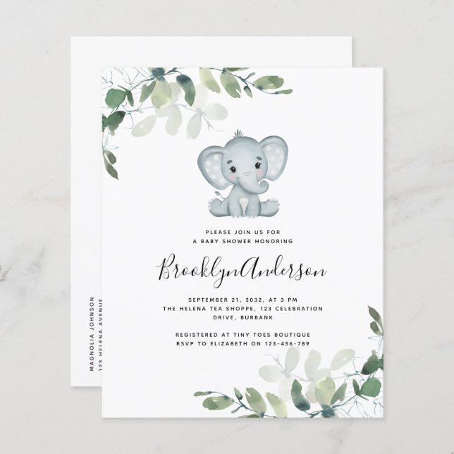 BUDGET Elephant Eucalyptus Baby Shower Invitation (Front/Back)