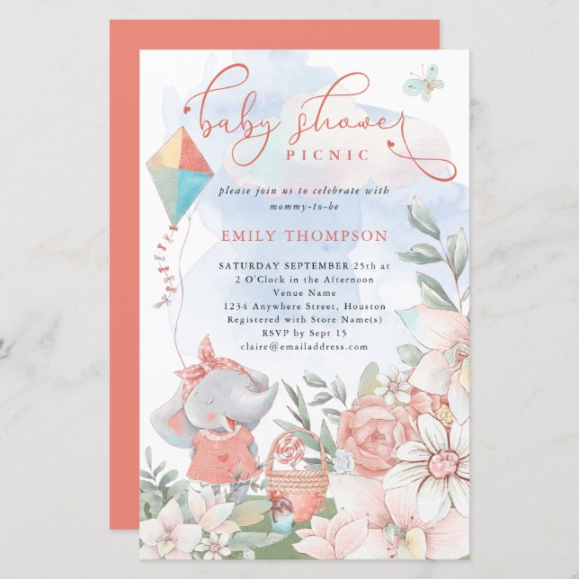 Budget Elephant Florals Baby Shower Picnic Invite (Front/Back)