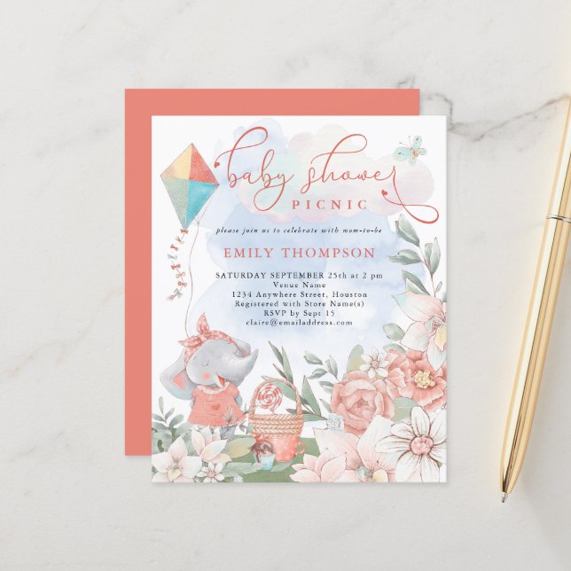 Budget Elephant Florals Baby Shower Picnic Invite (Front/Back In Situ)