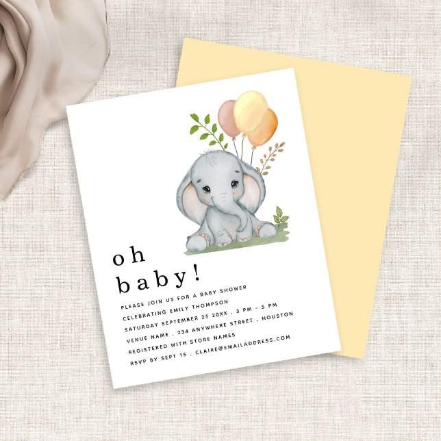 Budget Elephant Gender Neutral Baby Shower Invite (Front and back view)