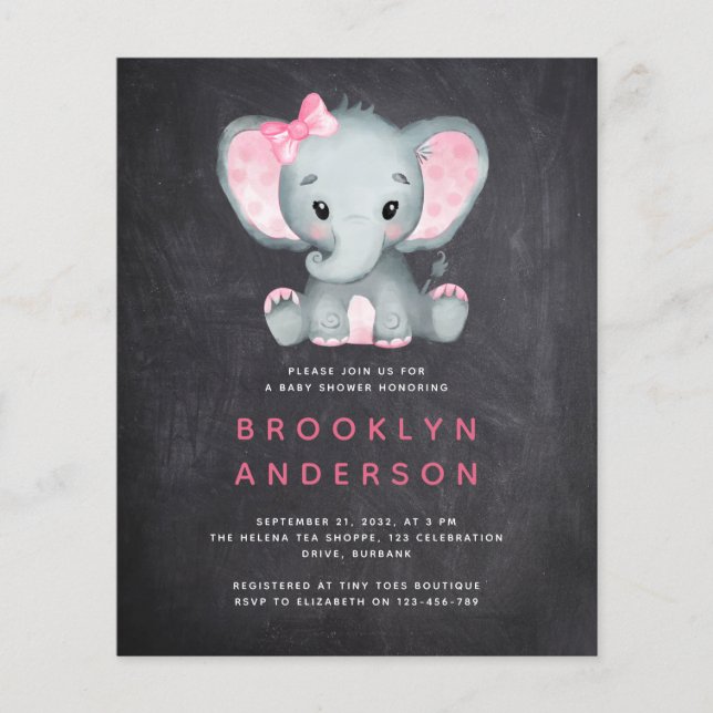 BUDGET Elephant Girl Baby Shower Invitation (Front)