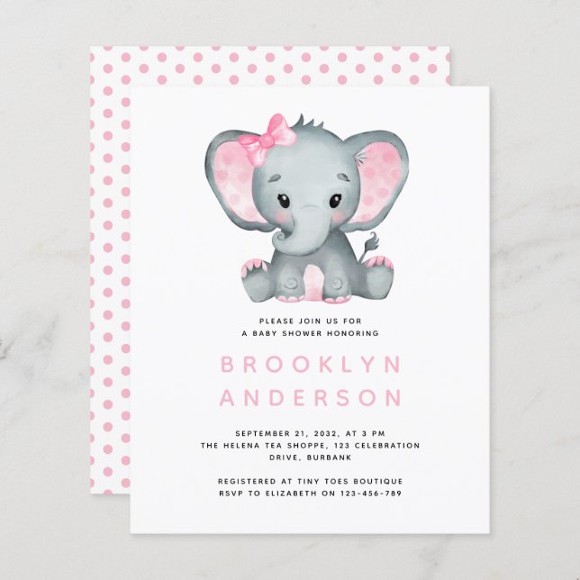 BUDGET Elephant Girl Baby Shower Invitation (Front/Back)