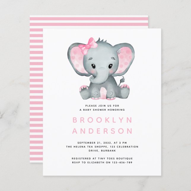 BUDGET Elephant Girl Baby Shower Invitation (Front/Back)