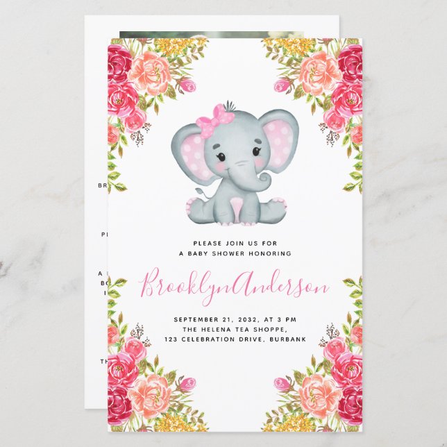 BUDGET Elephant Girl Photo Baby Shower Invitation (Front/Back)