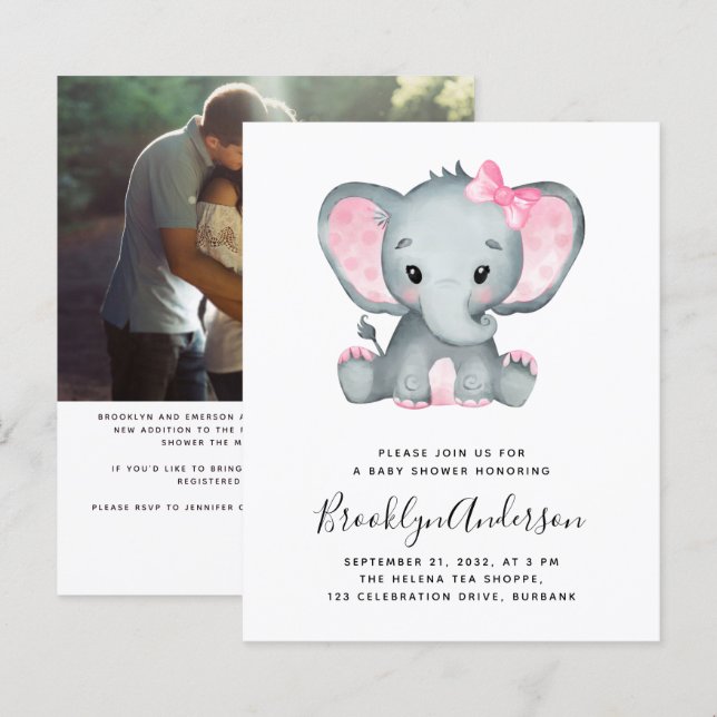 BUDGET Elephant Girl Photo Baby Shower Invitation (Front/Back)