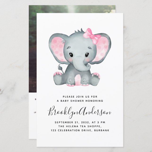 BUDGET Elephant Girl Photo Baby Shower Invitation (Front/Back)