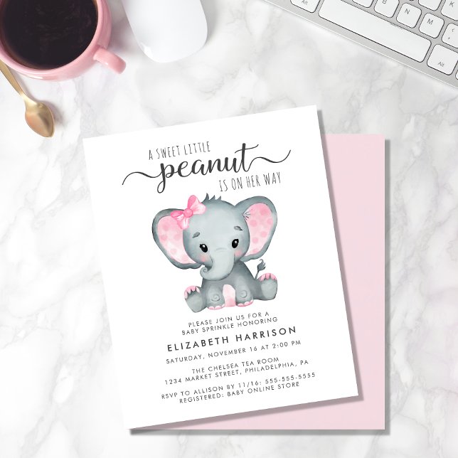 Budget Elephant Pink Baby Girl Sprinkle Invitation (Creator Uploaded)